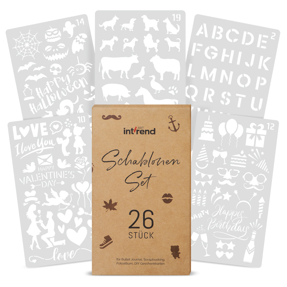 int!rend Schablonen Set - 26 Schablonen zum Zeichnen - Buchstaben Motive Schriftzüge und Sprüche Schablone für Sammelalben, Photoalben, Geschenkalben und mehr