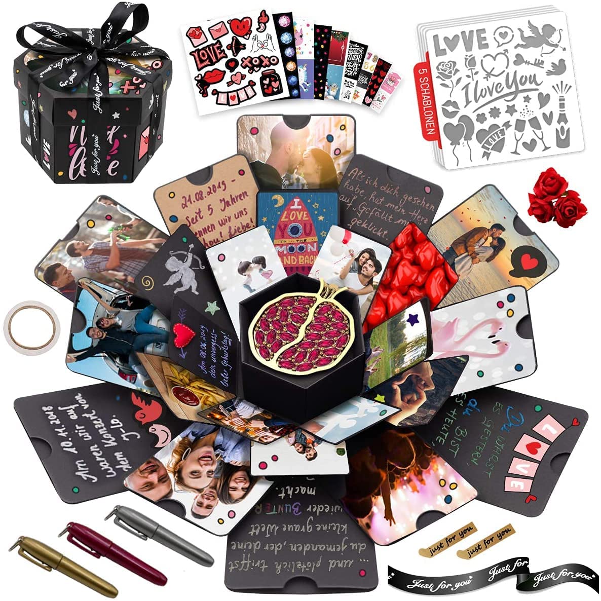int!rend XXL Geschenkbox Explosionsbox - Mit 5 Fotokarten & 9 Vorlagen + 5 Schablonen + 3 Markern + Stickern & Schleife - Überraschungsbox Geburtstag Fotobox zum selbstgestalten
