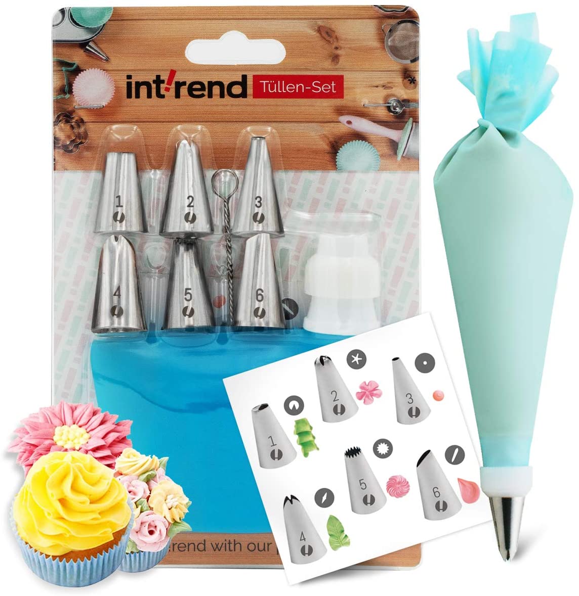 int!rend Starter Spritztüllen Set I 6 Tüllen, ein wiederverwendbarer Silikon Spritzbeutel & eine Reinigungsbürste – so gelingt jedem tolle Dekorationen