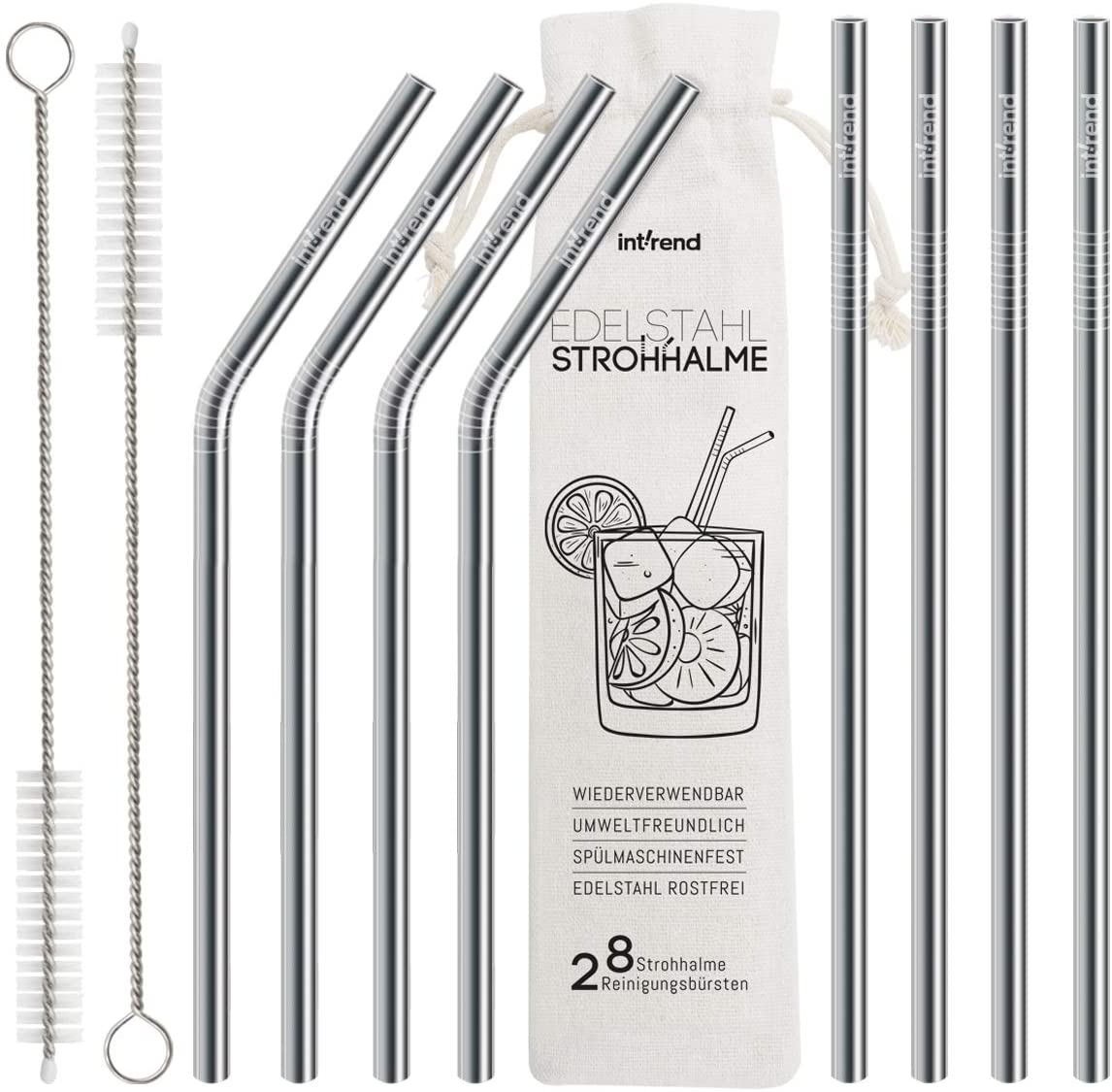 int!rend Premium Edelstahl Strohhalme 10er Set - plastikfrei - umweltfreundliche, nachhaltige hochwertige Metall Trinkhalme, wiederverwendbar - Cocktail, Smoothie, Saft, Milchshake