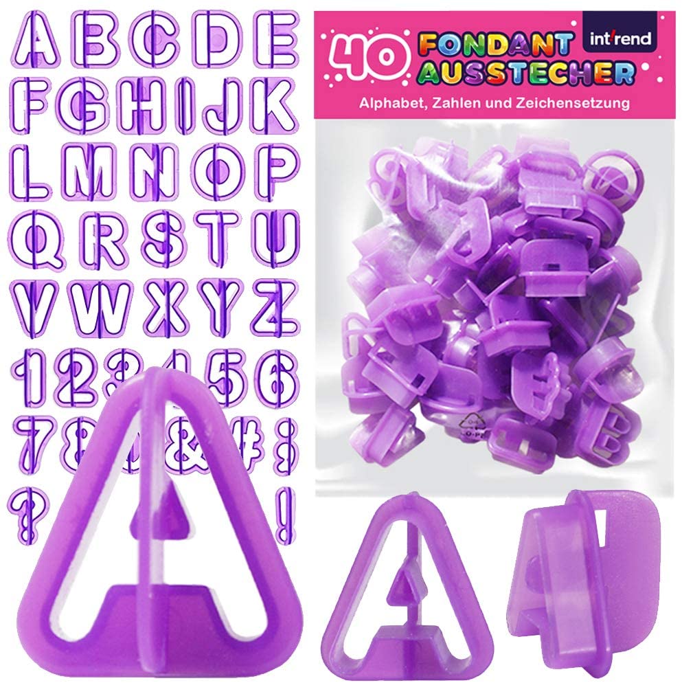 int!rend Fondant Ausstecher - 40-teiliges Ausstechformen Set - Mit Buchstaben , Zahlen & Satzzeichen - Für Torten, Kuchen und Lebensmittel - Für Anfänger und Profis