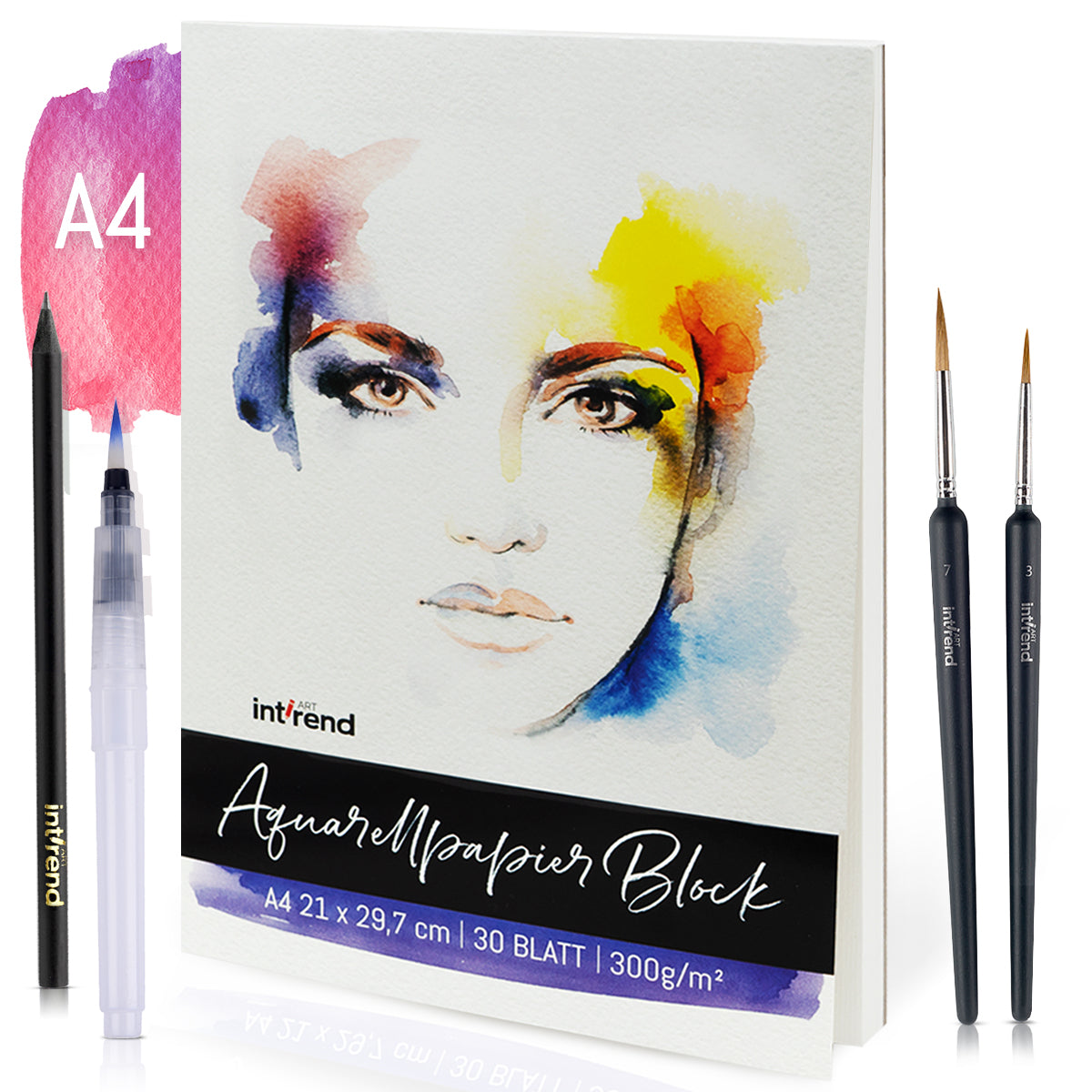 int!rend Aquarellpapier A4 300 g - 30 Seiten Aquarellblock inkl. Wassertankpinsel + 2 Pinsel + Bleistift - Professionelles Watercolor Paper Aquarell & Gouache Mal Block