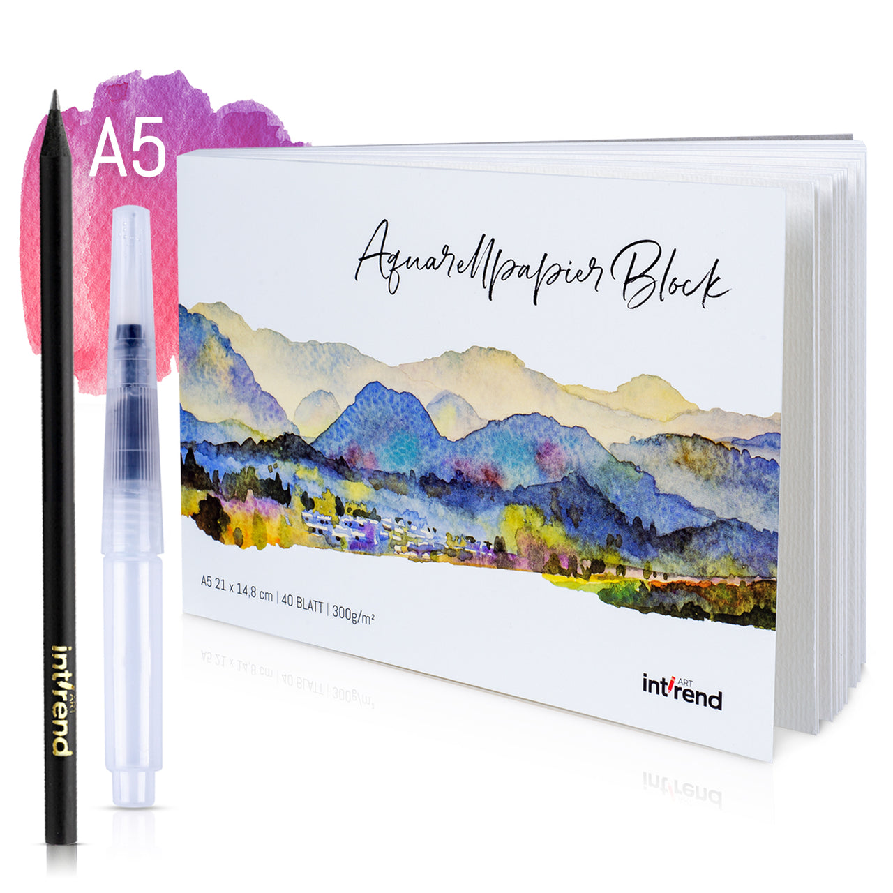 int!rend Aquarellpapier A5 300 g - 40 Seiten Aquarellblock inkl. Wassertankpinsel & Bleistift - Professionelles Watercolor Paper Aquarell & Gouache Mal Block