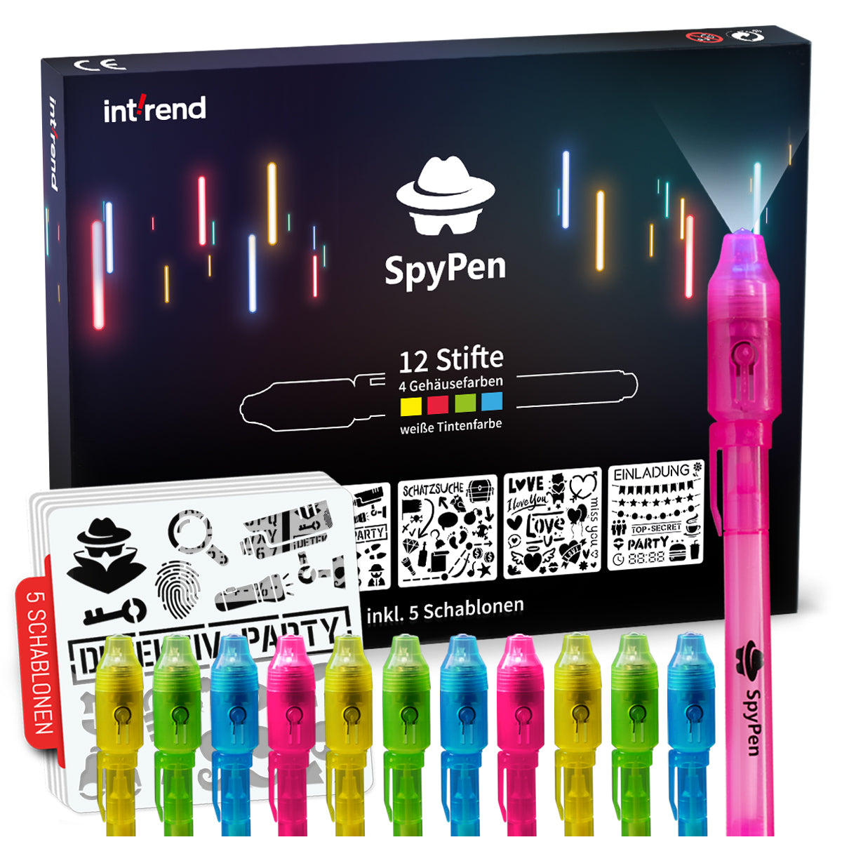 int!rend Zauberstifte Set - 12x Geheimstift + 5X Schablone + 12x Einladungskarte - UV Licht Stift mit Lampe für Kinder - Schwarzlicht Leuchtstifte im Dunkeln wasserlöslich
