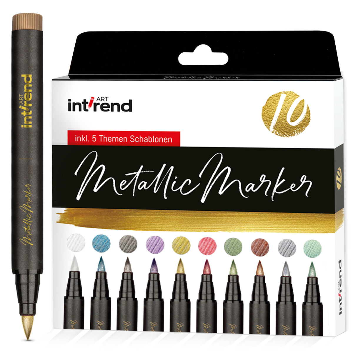int!rend Premium Metallic Marker Set | 10 Metallic Stifte mit feiner Spitze, 5 Schablonen, DIY Fotoalbum Metallic Marker pen, Scrapbooking, schwarzes u. weißes Papier, Bemalen von Steinen, Holz, Glas