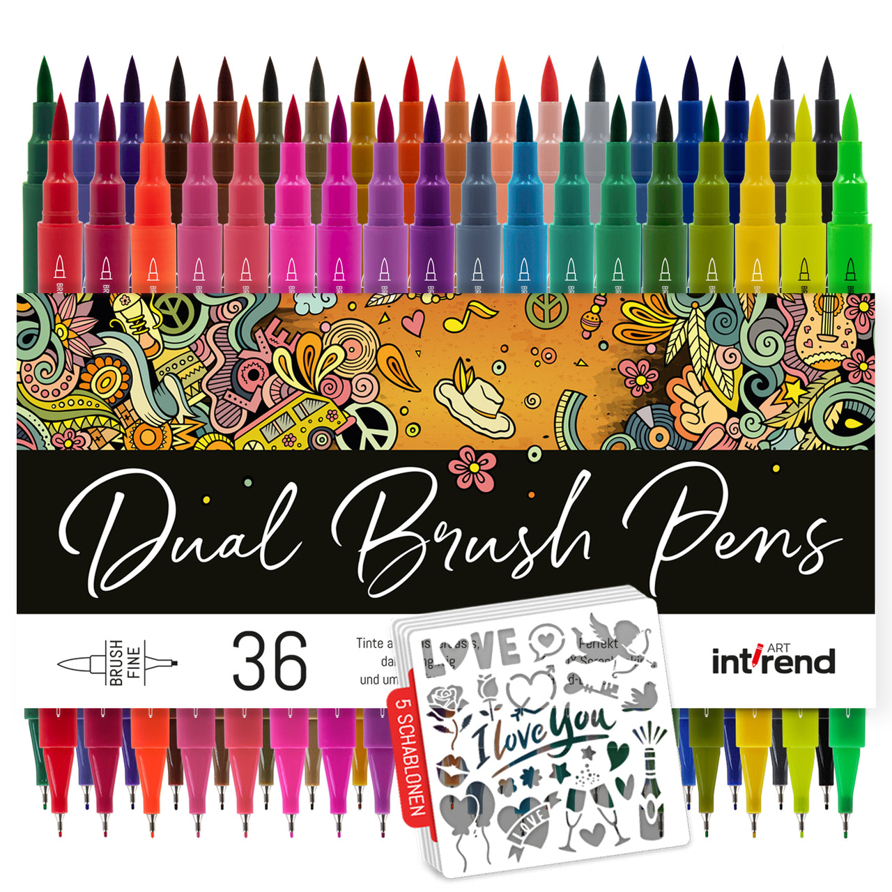 int!rend Dual Tip Brush Pen Set - 36 Farben Pinselstifte + 5 Schablonen - Bullet Journal Dicke und dünne Stifte - Filzstifte Art Marker Set für Erwachsene und Kinder