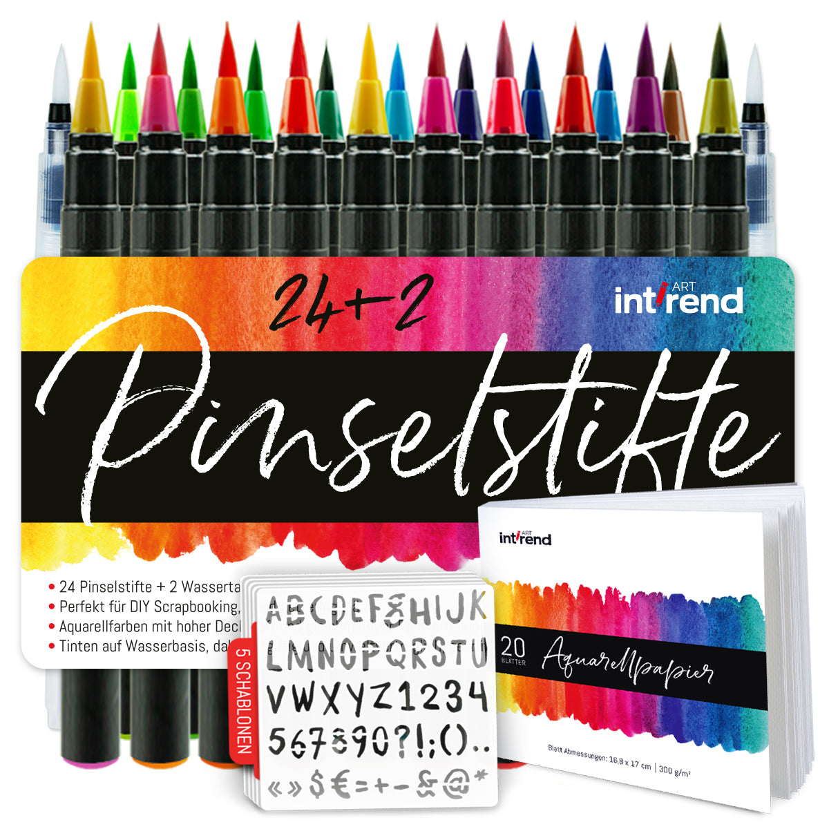 int!rend Brush Pen Set mit 51 Teilen - 24 Aquarellstifte, 2 Wasserstifte, 20 Blätter, 5 Schablonen - Pinselstifte für Kalligraphie & Handlettering