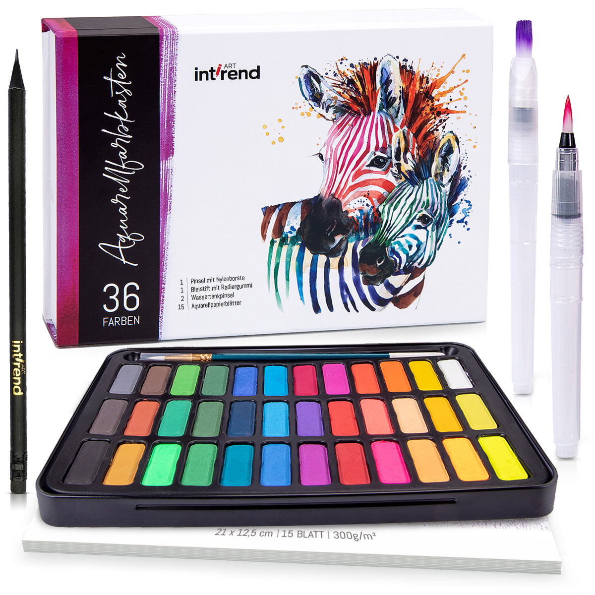 Int!rend Aquarellfarben Set - Ungiftig & Säurefrei - 36 Aquarell Farben + 1 Nylonpinsel + 2 Wassertankpinsel + 15 Blätter Aquarellpapier + 1 Bleistift