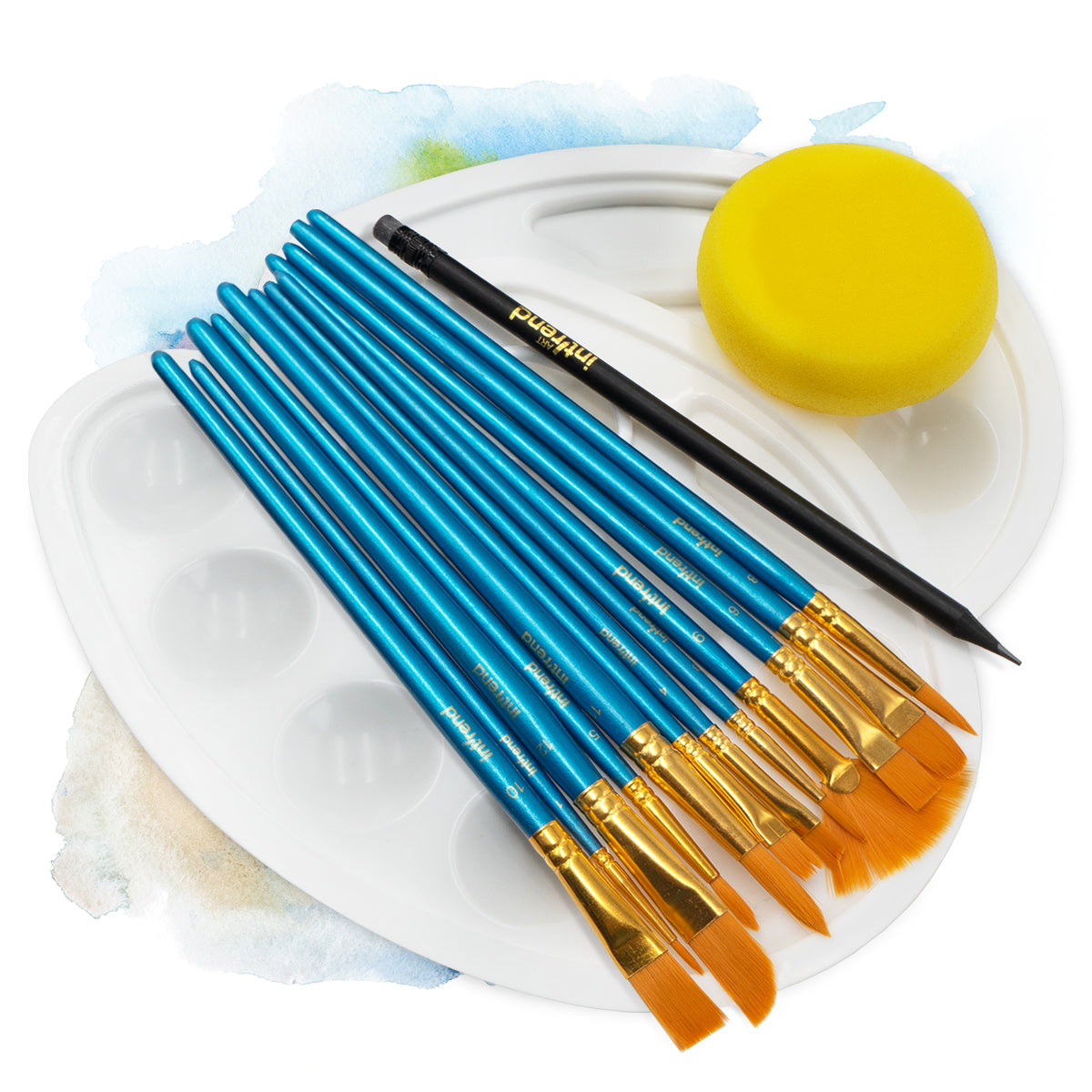 int!rend Pinselset 16-teilig - 12 Premium Malpinsel + 2 Mischpaletten + 1 Schwamm + 1 Bleistift - Set Künstler Pinsel für Acrylfarben Aquarell Ölfarben - Zubehör Malen & Schule