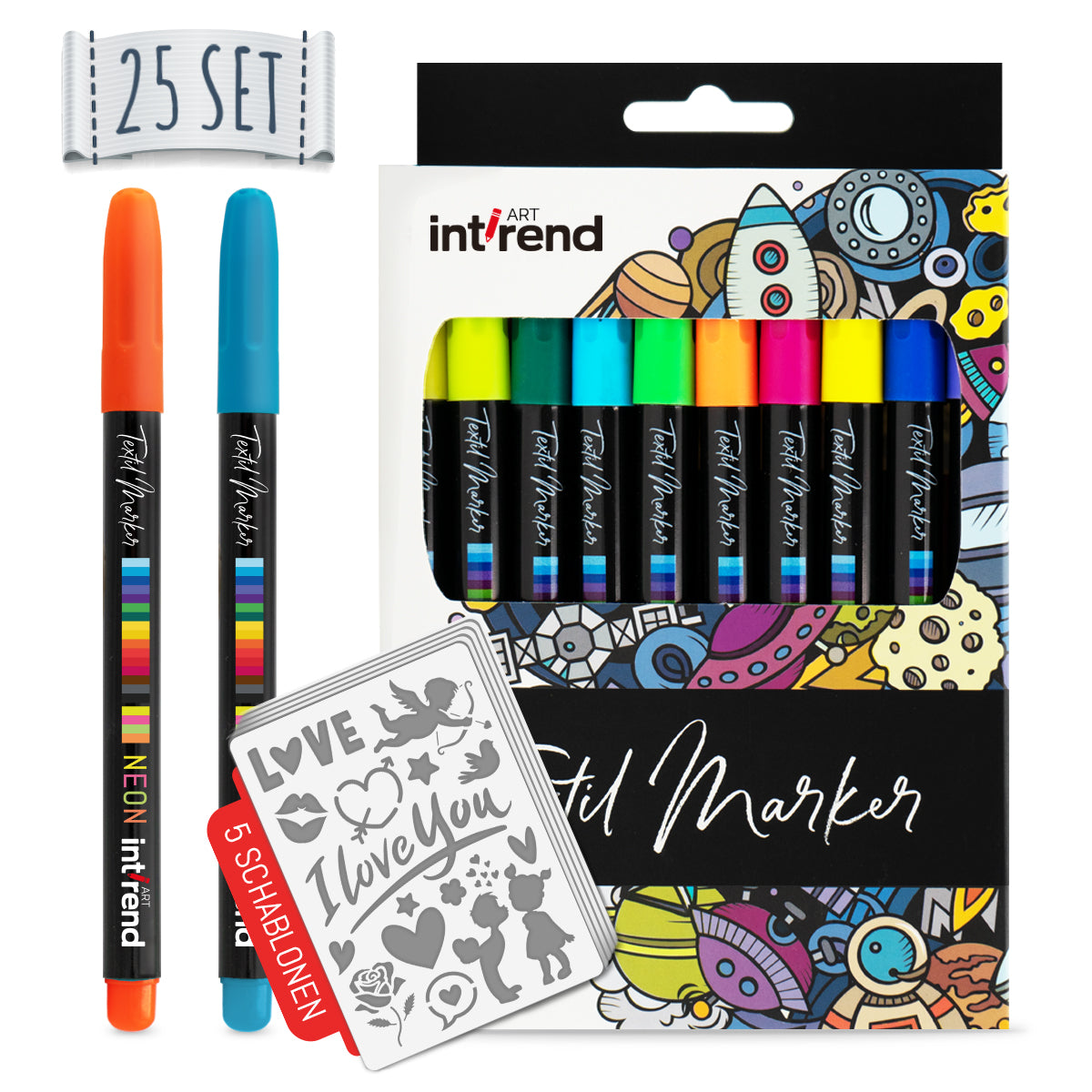 int!rend Textilmarker 25er Set I 20 Bunte, waschmaschinenfeste Stoffmalstifte + 5 Schablonen