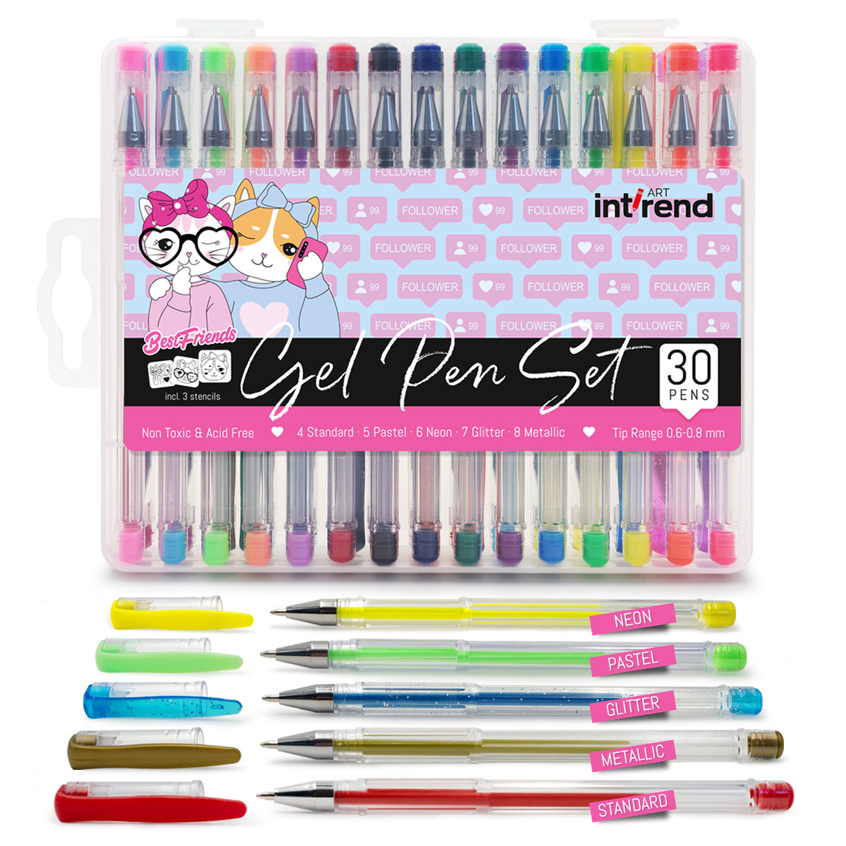 int!rend 33er Gelstifte Set, 30 Gel Stifte I darunter 5 Pastell, 7 Glitzer, 4 Neon und 8 Metallic Pens + 3 Schablonen I optimal für Malbuch, Bilder, Mandala, Fotoalbum